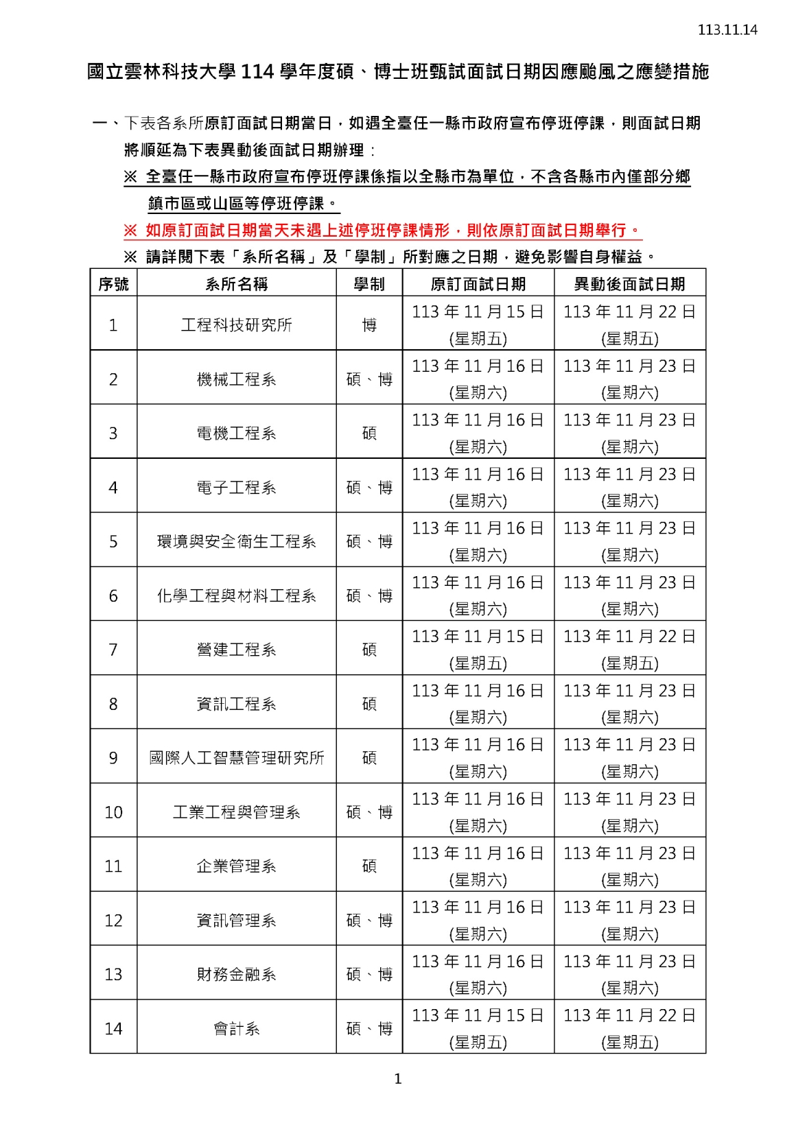 國立雲林科技大學114學年度碩、博士班甄試面試日期因應颱風之應變措施_頁面_1