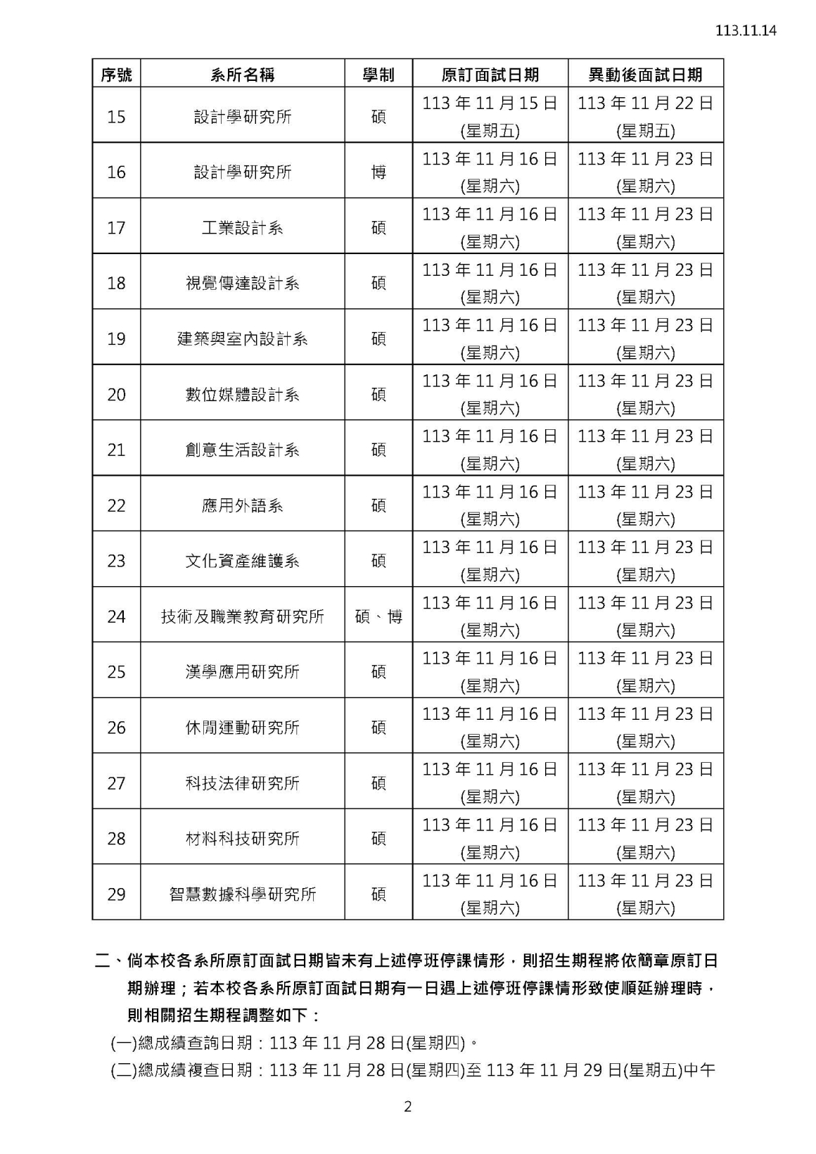 國立雲林科技大學114學年度碩、博士班甄試面試日期因應颱風之應變措施_頁面_2